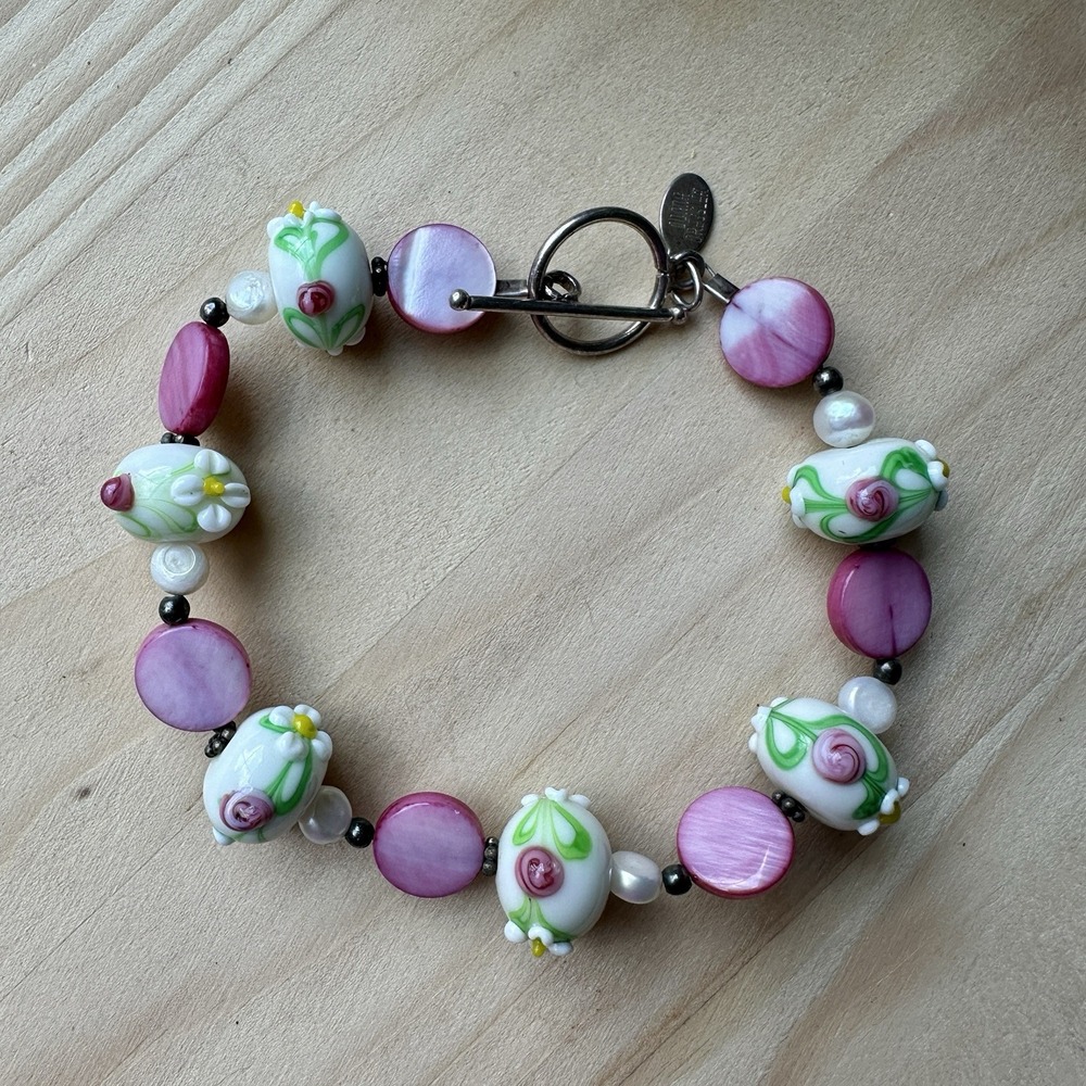 Donna Dressler Bracelet Sz 7.25 Lampwork Glass Art MOP Shell Beads 925 Sterling